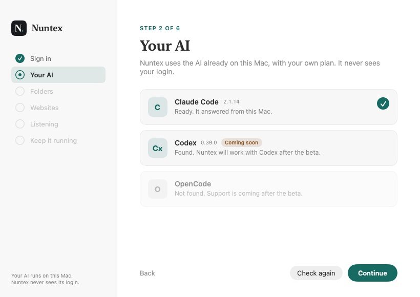 Setup: Your AI. Claude Code 2.1.14, ready, it answered from this Mac.