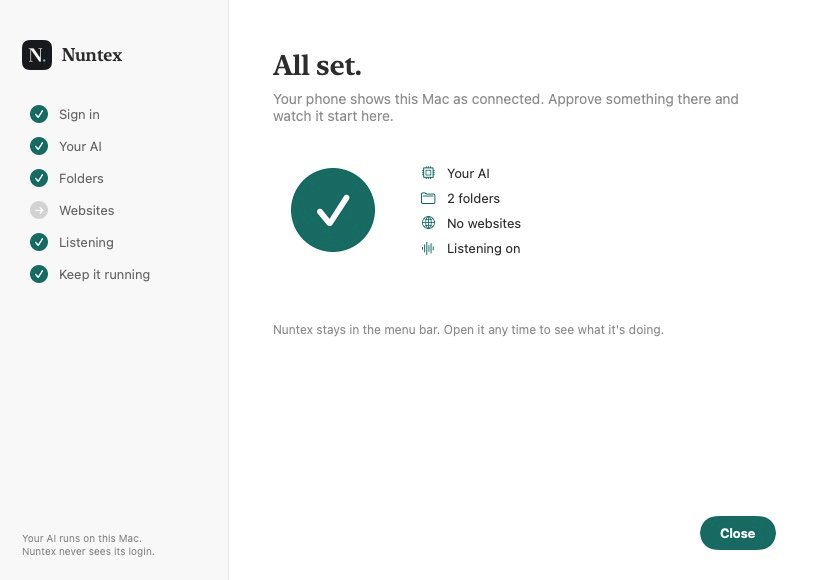 Setup: All set. Your AI, two folders, listening on.