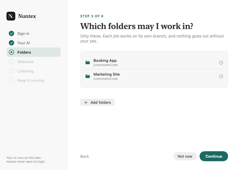 Setup: Which folders may I work in? Two folders picked.