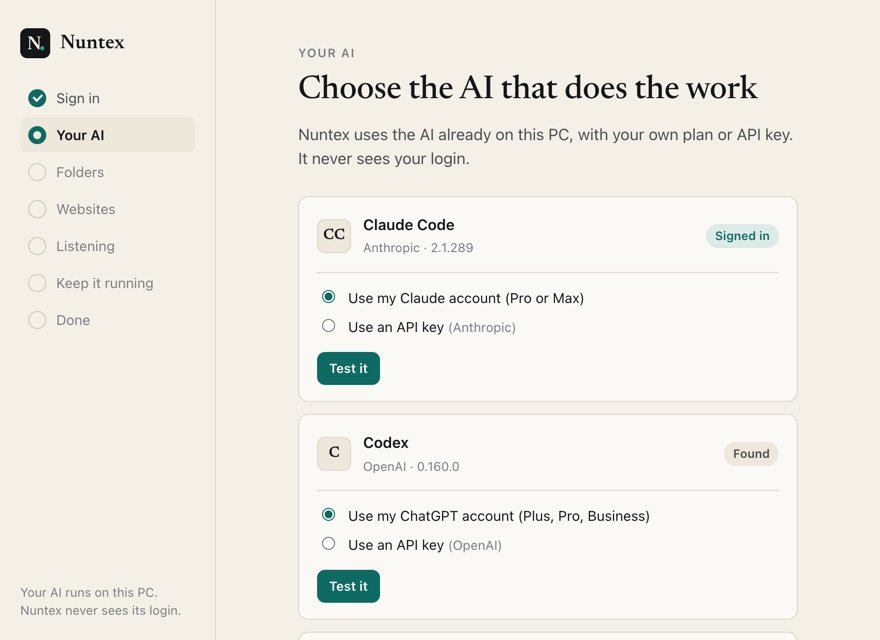 The Nuntex Windows app's setup: Your AI, with Claude Code signed in and Codex found, each with a choice of account or API key.