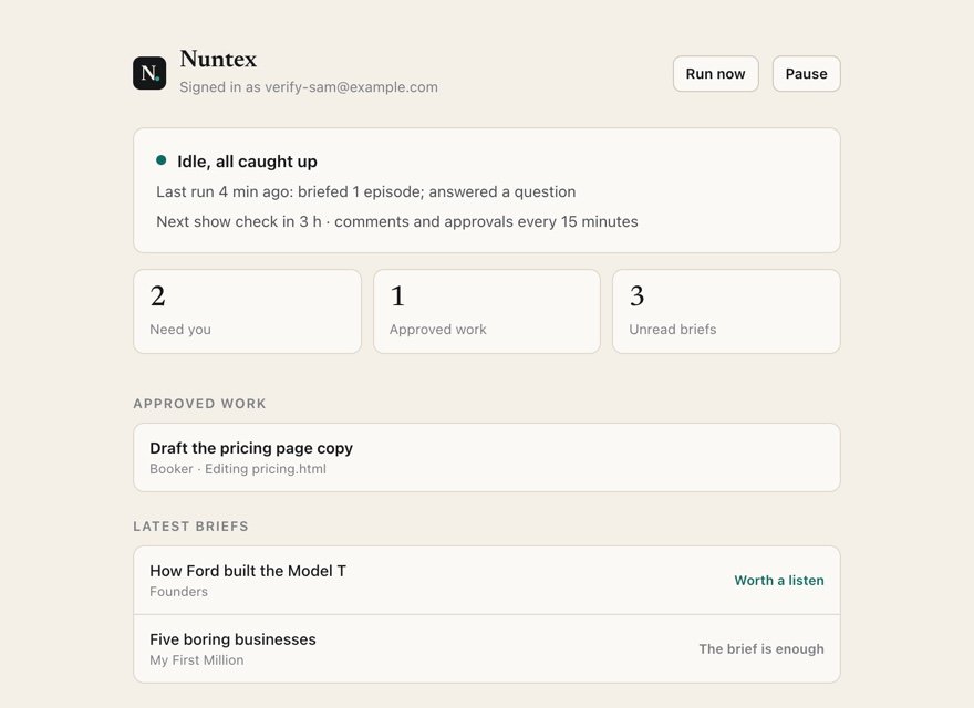 The Nuntex Windows app: idle and caught up, with work under way and the latest briefs.