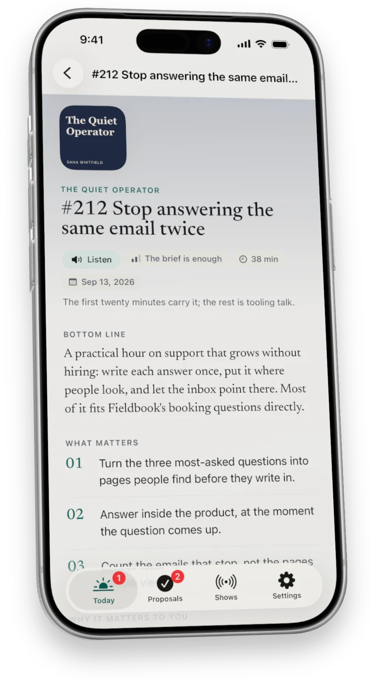 A brief: the show, the episode, a Listen button, the bottom line and what matters.