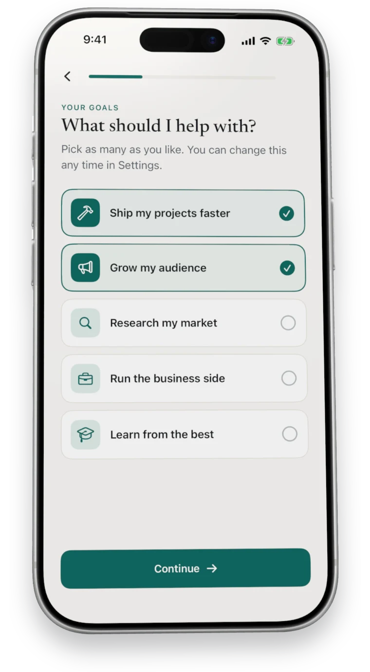 What should I help with? Ship my projects faster and grow my audience picked.