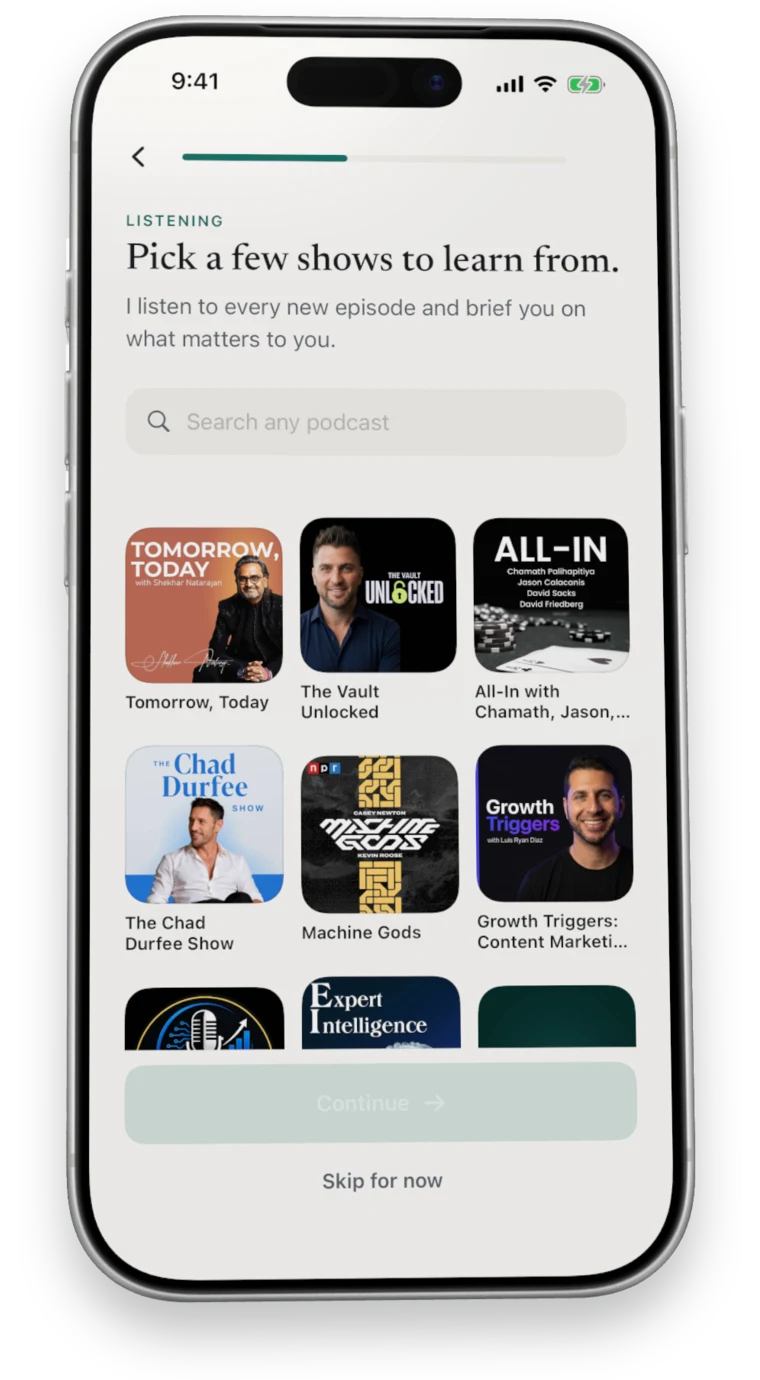 Pick a few shows to learn from: a grid of podcast covers.