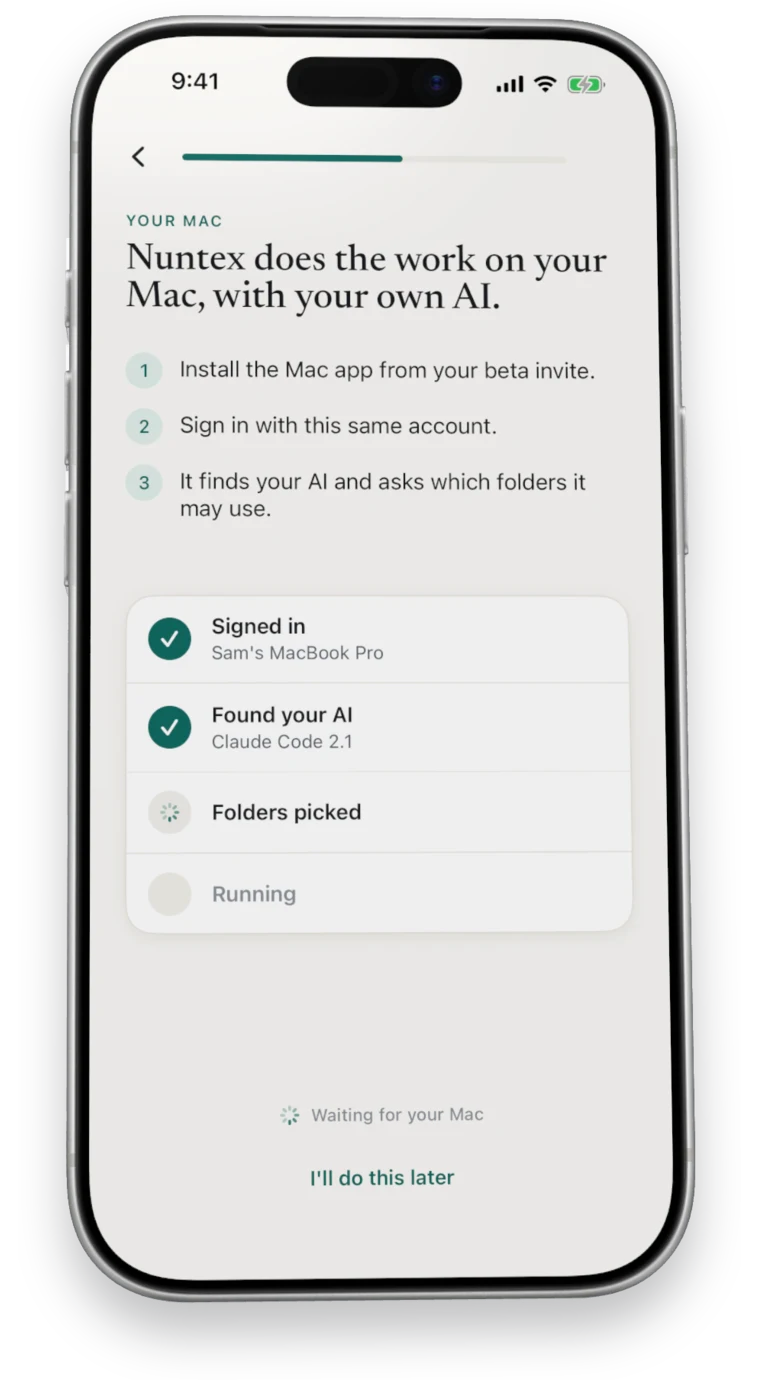 Your Mac: signed in and Claude Code found, folders picked on its way.