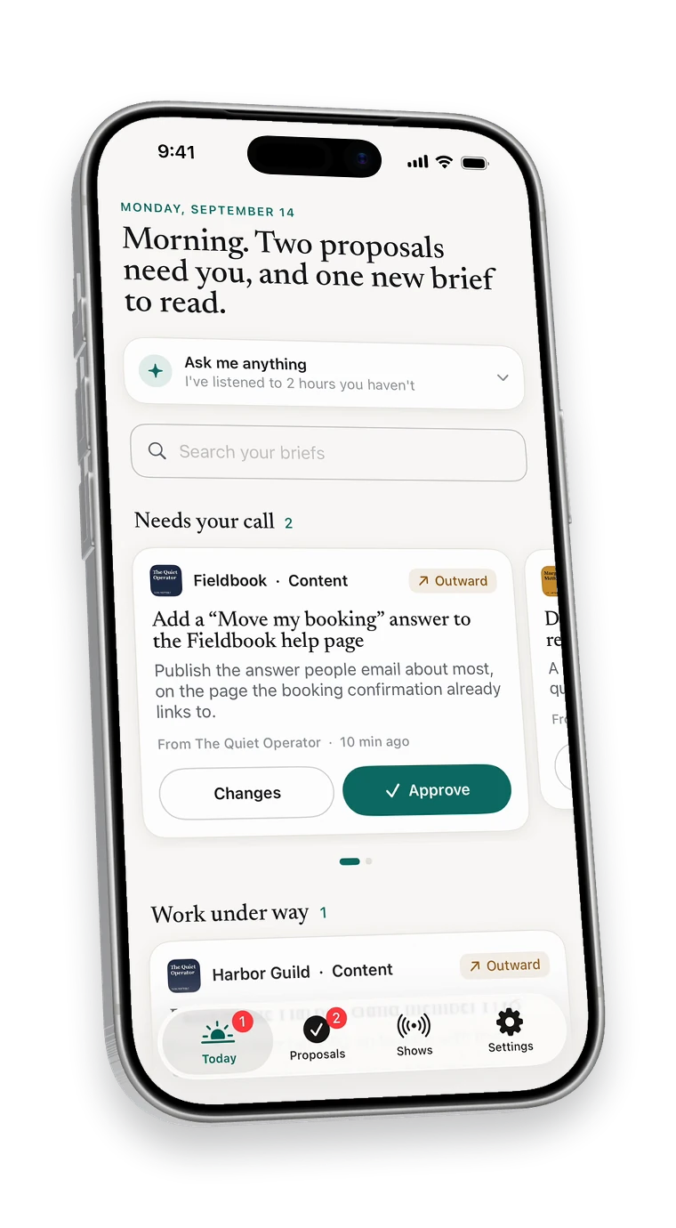 Nuntex Today screen: two proposals need your call, and one new brief to read.
